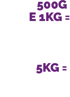 500G e 1KG = 1 número da sorte. 5KG = 5 números da sorte.