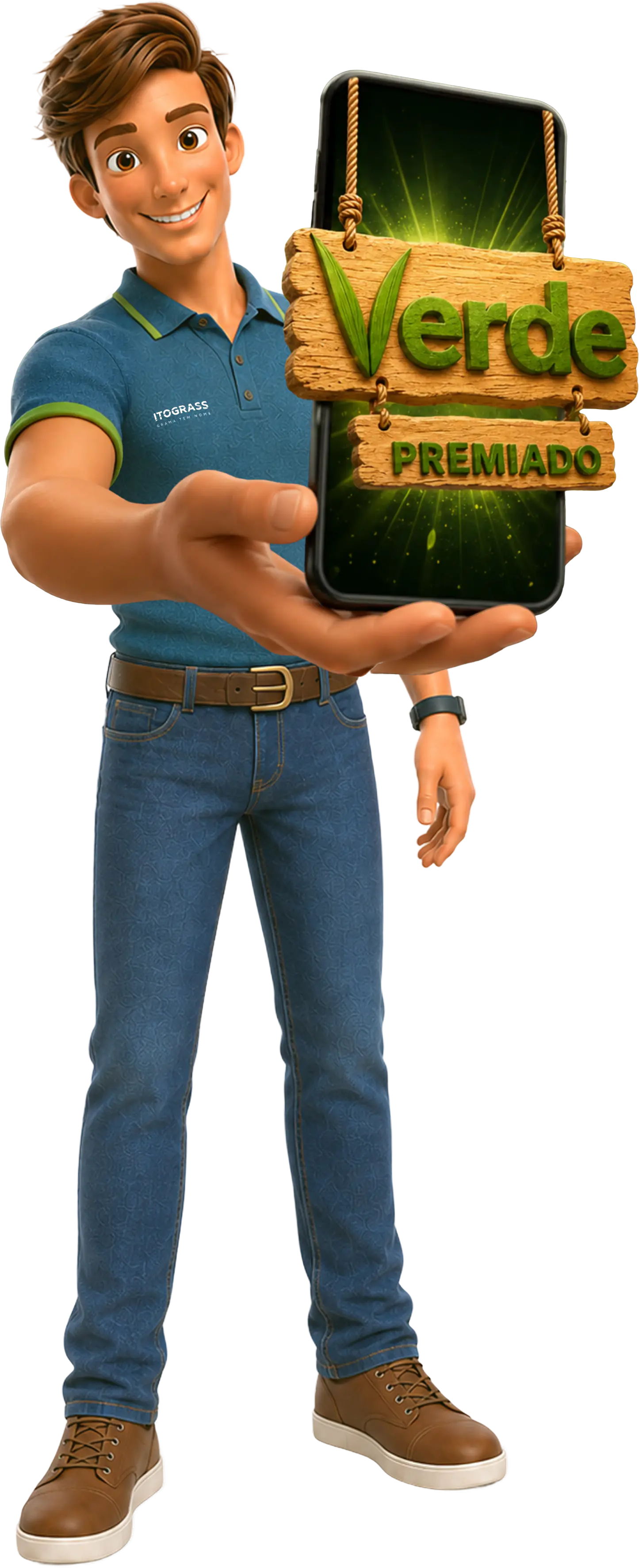 Mascote Itograss sorrindo e segurando um celular com a placa “Verde Premiado”